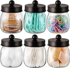 6 Pack Qtip Holder Bathroom Set, SheeChung Plastic Mason Jar Apothecary Jar Set for Bathroom Vanity Storage Organizer, Farmhouse/Home Decor, 12 Labels (Bronze)