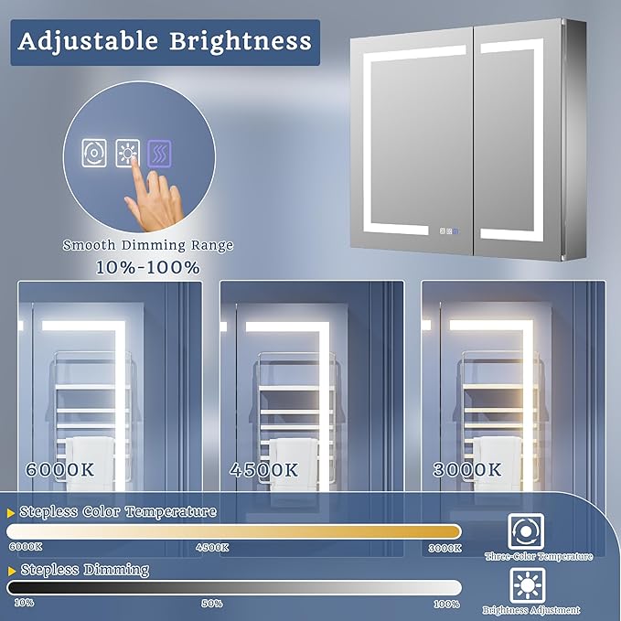 ExBrite LED Lighted Bathroom Medicine Cabinet with Mirror, 36 x 30 Inch,Recessed or Surface Mount,Anti-Fog, Stepless Dimming,Color Temperature Change,Built-in 6000K Sensor Light,Storage Shelves