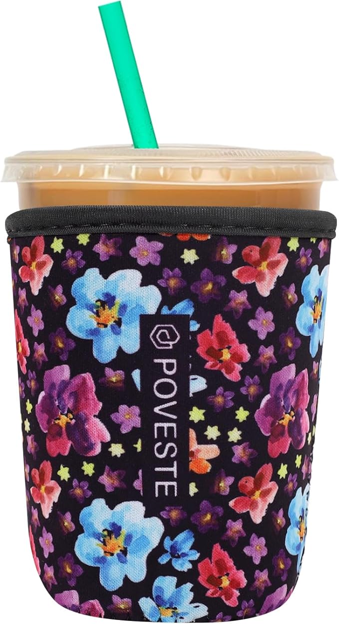 Reusable Neoprene Insulator Sleeve for Iced Coffee & Cold Soda, Coffee Sleeves for Iced & Hot Drinks, Cold Beverage Cooler Compatible with Starbucks, Dunkin (Purple Garden, Small: 16-18oz)