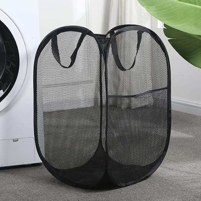 2 Pack Popup Laundry Hamper,Foldable Mesh Laundry Basket with Durable Handle,Easy to Open and Fold for Dorm, Laundry Room, Bedroom, RV(Black and Black)…