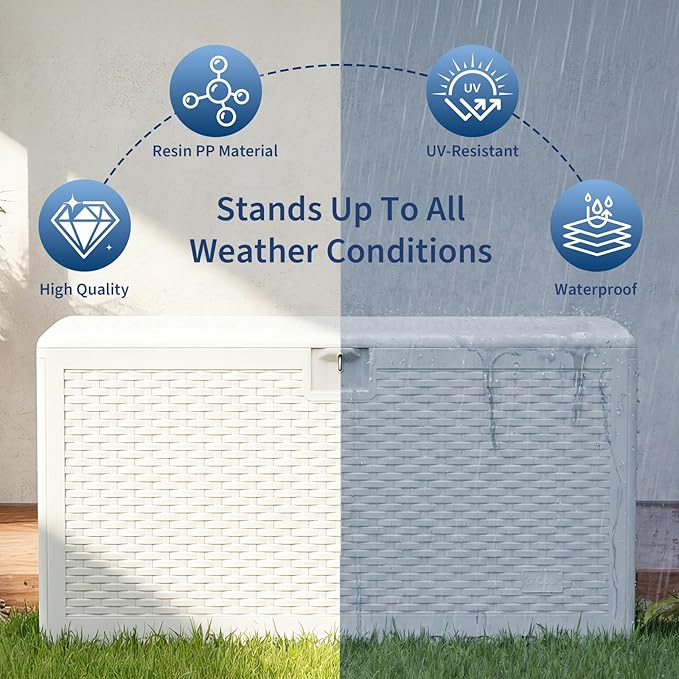 Garvee 99 Gallon Waterproof Large Resin Deck Box Indoor Outdoor, Lockable Storage Container for Patio Furniture Tools, Waterproof Deck Box Patio Storage Bin for Pool Garden, White