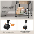 HAITRAL 42" H Standing Towel Rack, 3 Tiers Towel Holder with Basket, Bathroom Freestanding Towel Rack with 360° Anti-Skid Wheels, Multi-Use for Towel, Blanket, Clothes, Indoor/Outdoor (Black)