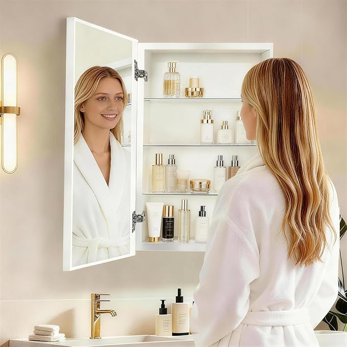 16 x 26 inch Bathroom Medicine Cabinet, Mirror Cabinet with Single Door & Removable Shelves, Surface Mount or Recess Installation, Medicine Cabinets for Bathroom