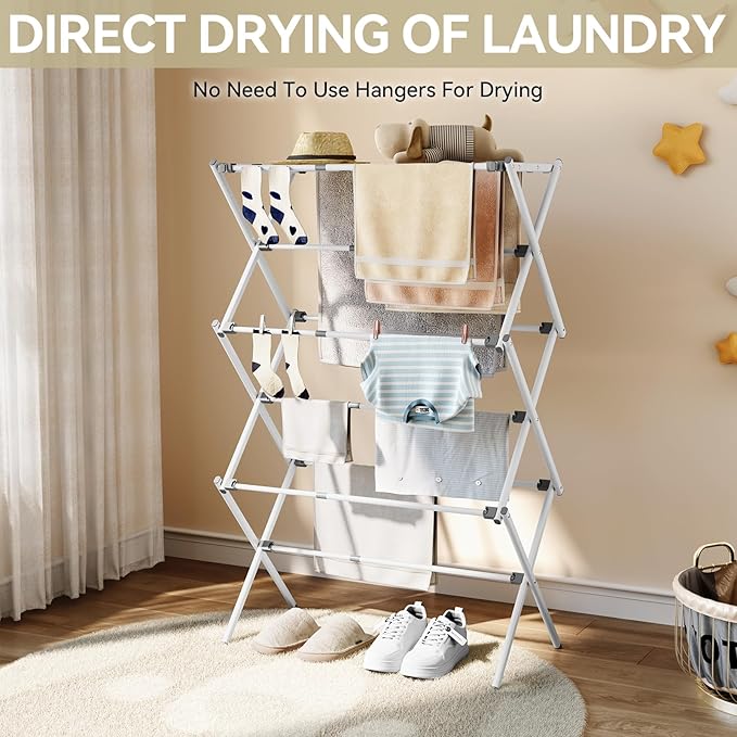 APEXCHASER Clothes Drying Rack, Foldable & Extendable Laundry Rack with Adjustable Size (14.57in-35.43inW), Space-Saving, Rust-Resistant Frame & Floor Protection for Indoor/Outdoor Use, White