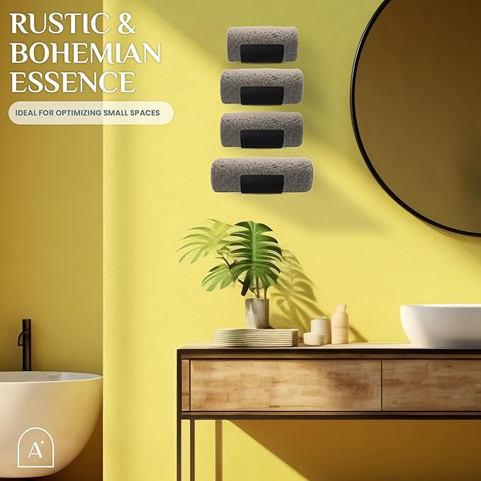 Bamboo Towel Rack by Aura Nest Set of 4 Wood Towel Racks Bamboo Bathroom Accessories -Wall Towel Holder for Rolled Towels Wooden Towel Racks for Bathroom Spa Bathroom - Black