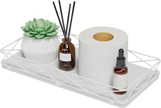 Toilet Paper Basket Holder, 13" Toilet Tank Tray, Wood and Metal Toilet Tray Vanity Organizer Bathroom Tray, Kitchen Sink Organizer for Soap Dispenser (White)