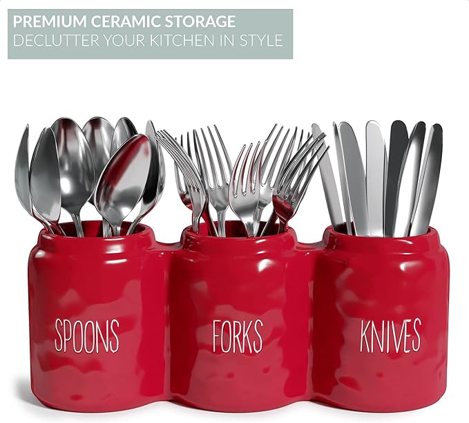 Barnyard Designs Silverware Caddy for Countertop - Cutlery Organizer for Spoon, Fork, and Knife - Ceramic Utensil Holder for Flatware or Plasticware - Perfect for Parties - 12.5” x 4.25” x 5” (Red)