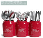 Barnyard Designs Silverware Caddy for Countertop - Cutlery Organizer for Spoon, Fork, and Knife - Ceramic Utensil Holder for Flatware or Plasticware - Perfect for Parties - 12.5” x 4.25” x 5” (Red)