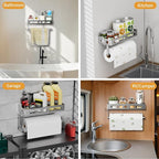 Stylish Kitchen Paper Towel Holder with Shelf - Adhesive Hand Towel Holder for Bathroom Wall Mount, Rust-Resistant Matte Grey Finish for RV Toilet Paper Holder Rack, Easy One-Handed Operation Design