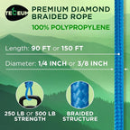TECEUM Rope – 90 Feet x 1/4 Inch (7mm) – Sky Blue – Strong All-Purpose Utility Rope – Camping, Crafting, Flag Pole, Indoor & Outdoor – Polypropylene Nylon Poly Lightweight Diamond Braided Cord