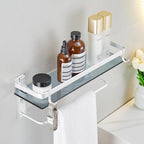 VOLPONE Glass Bathroom Shelf 15.7 in Bathroom Wall Shelf with Towel Holder Tempered Glass Shelf Wall Mount with 2 Removable Hooks Silver（1 Tier）