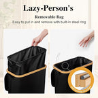 Slim Laundry Hamper, 60L Waterproof Narrow Laundry Basket with Lid and Removable Bag, Collapsible Tall Clothes Hamper with Bamboo Handles for Clothes Toys in Dorm Bedroom Bathroom, Black