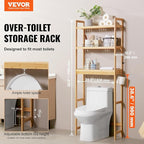 VEVOR Over The Toilet Storage, 3-Tier Adjustable Over Toilet Bathroom Organizer, Bamboo Storage Shelf Rack with 3 Hooks, Freestanding Easy Assembly Laundry Space Saver, Fit Most Toilets, Gray