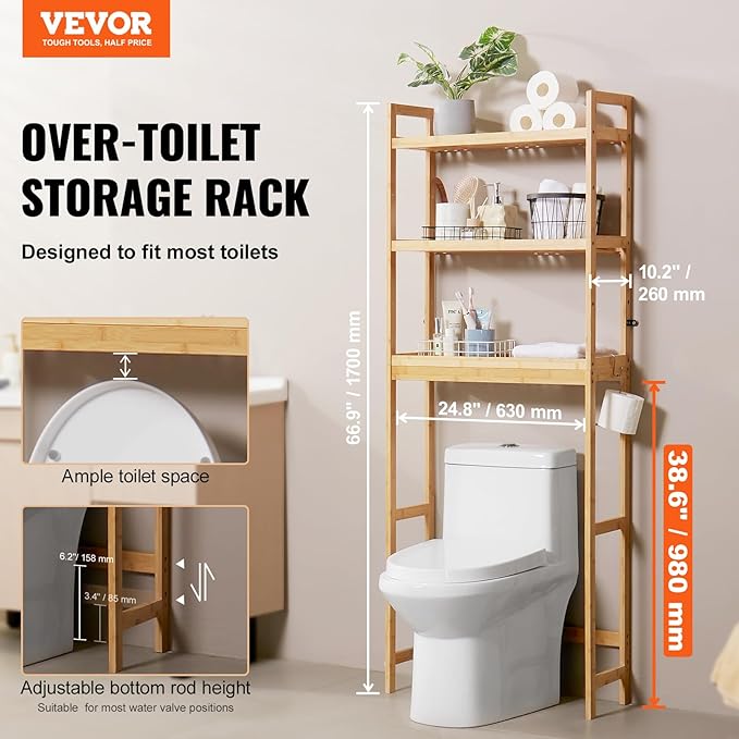 VEVOR Over The Toilet Storage, 3-Tier Adjustable Over Toilet Bathroom Organizer, Bamboo Storage Shelf Rack with 3 Hooks, Freestanding Easy Assembly Laundry Space Saver, Fit Most Toilets, Gray