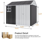 VanAcc 8.5x7.1x7.5 FT Galvanized Steel Outdoor Storage Shed, Lockable Double Hinged Doors and 4 Vents, Metal Shed for Backyard Storage, Dark Black/White