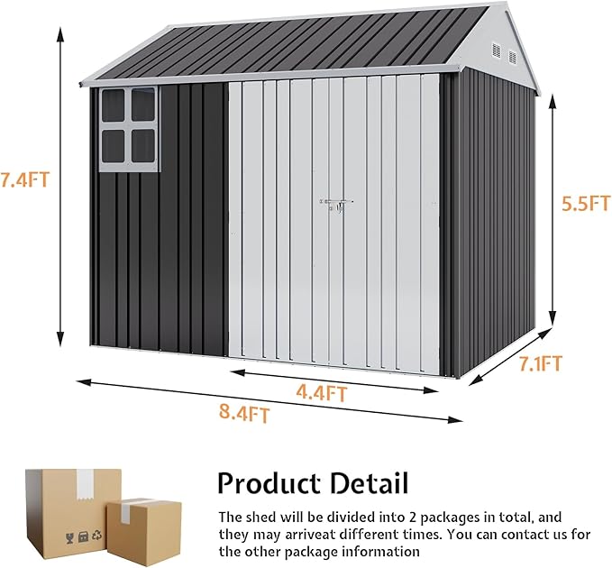 VanAcc 8.5x7.1x7.5 FT Galvanized Steel Outdoor Storage Shed, Lockable Double Hinged Doors and 4 Vents, Metal Shed for Backyard Storage, Dark Black/White