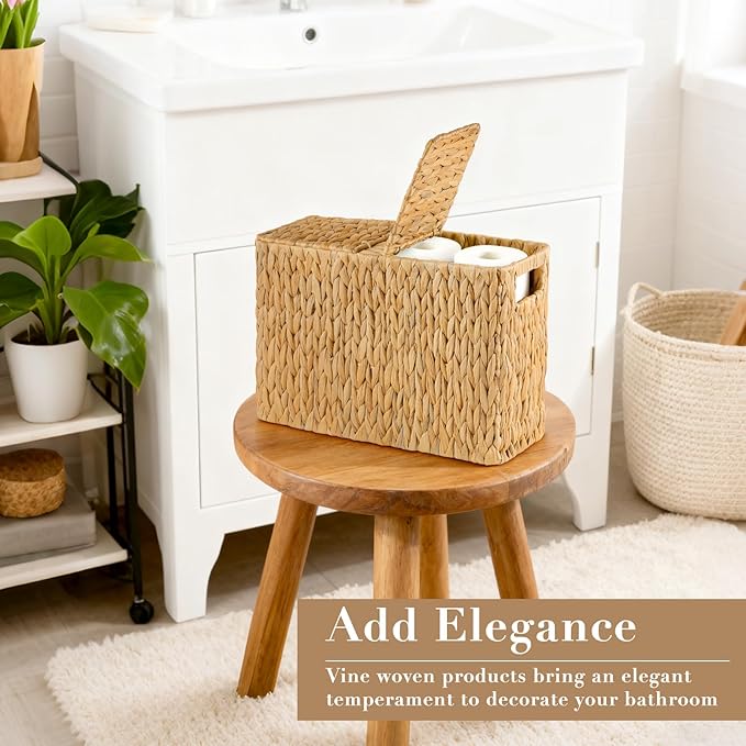 Toilet Paper Storage Basket with Lid, Water Hyacinth Toilet Paper Holder, Wicker Organizer Basket for 6 Mega Rolls, Decor Storage for Home, Bathroom, Living Room