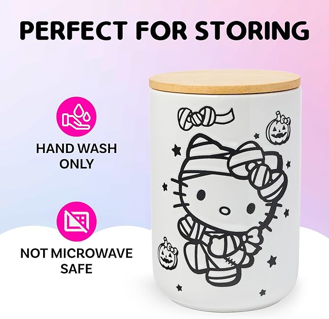 Silver Buffalo Sanrio Hello Kitty Halloween Spooky Mummy Ceramic Cookie Snack Candy Jar with Airtight Bamboo Lid (Small)
