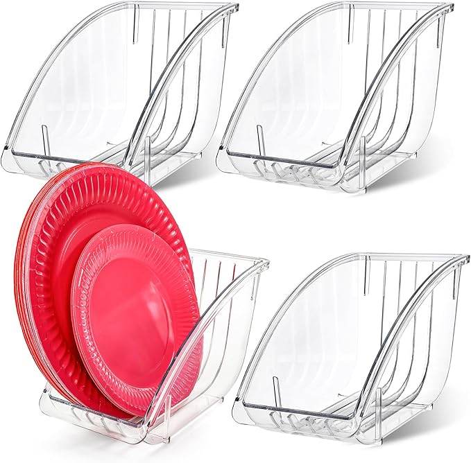 4 Pack 10 Inch Paper Plate Holder, Plastic Plates Dispenser Organizer, Under Cabinet Vertical Dinner Dish Drainer, Reusable Plate Drying Rack, Salad Dessert Dish Cradle for Kitchen Countertop
