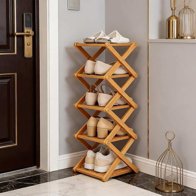 2/3/4/5/6/7/8/9 Tier Bamboo Shoe Rack - Foldable,No Installation Needed,Space-Saving Multi-Tier Storage for Indoor & Balcony Use (Yellow,5 Layers)