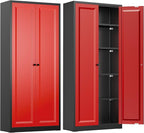 INTERGREAT Metal Storage Cabinet with Magnetic Doors, 63" H Traditional European Style Metal Cabinets with 2 Doors and 4 Adjustable Shelves for Home Office, Kitchen, Bathroom (Black Red)