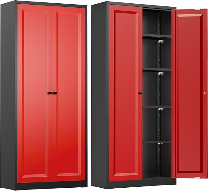 INTERGREAT Metal Storage Cabinet with Magnetic Doors, 63" H Traditional European Style Metal Cabinets with 2 Doors and 4 Adjustable Shelves for Home Office, Kitchen, Bathroom (Black Red)