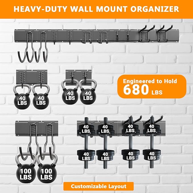 64'' Garage Tool Organizer Wall Mount - Heavy Duty 680 lbs Capacity Tool Rack with 10 Adjustable Hooks, Wall Mounted Storage System for Garage, Shed, Workshop (Black)
