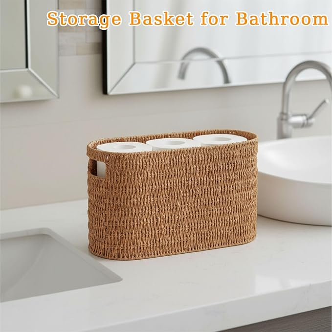 Toilet Paper Holder, Paper Towel Organizer, Wicker Storage Basket with Handles, Bathroom Decor and Accessories, Holds Up to 6 Mega Rolls