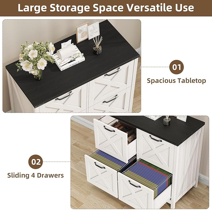 Lateral File Cabinet with 4 Drawers, Farmhouse File Cabinet for Letter/A4 Size Hanging Files, Large Wood File Storage Cabinets Printer Stand for Home Office Cabinets, Rustic White and Black