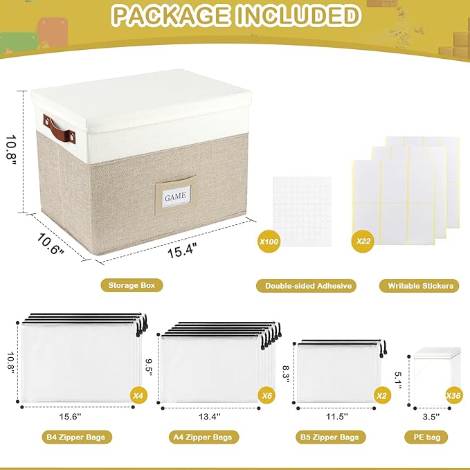 Board Game Storage, Board Game Organizer with 12pcs Zipper Bags and Writable Stickers, Board Organizers Storage with Lid for Office Supplies, Puzzles, Video Game, Craft Product,Beige