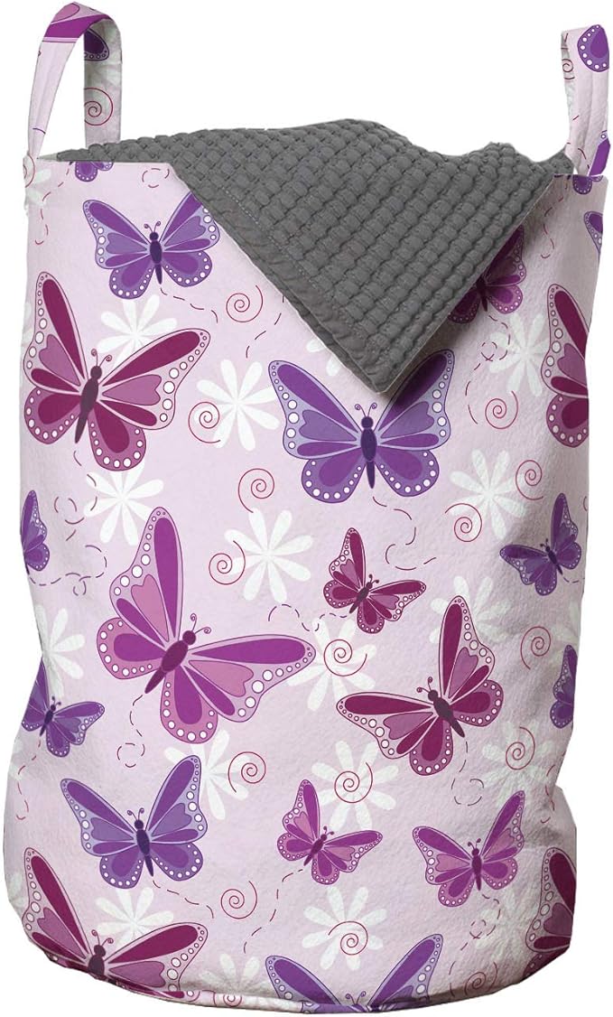 Ambesonne Butterfly Laundry Bag, Various Flying Butterflies Colors Hippie Style Print Design, Hamper Basket with Handles Drawstring Closure for Laundromats, 13" x 19", Purple Pink