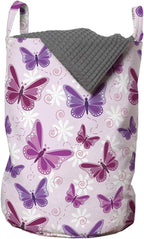 Ambesonne Butterfly Laundry Bag, Various Flying Butterflies Colors Hippie Style Print Design, Hamper Basket with Handles Drawstring Closure for Laundromats, 13" x 19", Purple Pink