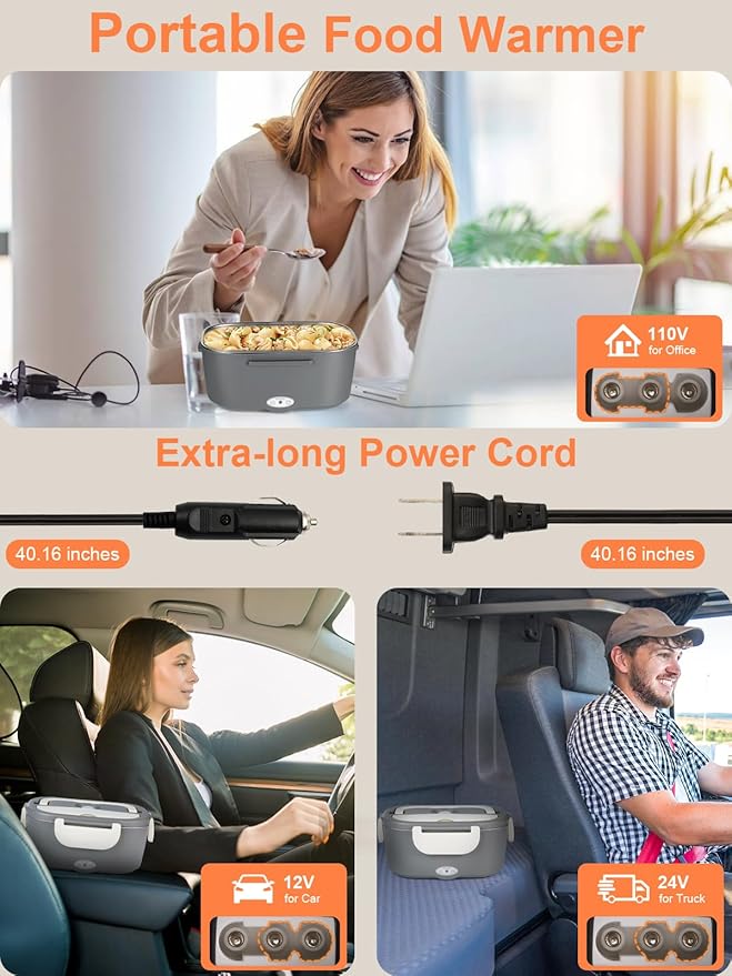 Electric Lunch Box Food Heater, 80W Heated Lunch Box for Adults, 12V 24V 110V Portable Food Warmer LunchBox for Car Truck Work with Removable 304 Stainless Steel Container White