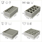 Drawer Organizer Clothes Set, 4 Pack Foldable Dresser Closet Dividers (6/8/7/24-Cell), Non-Woven Underwear & Sock Drawer Organizer, Bra/Tie/Belt Storage Bins (Light Grey)