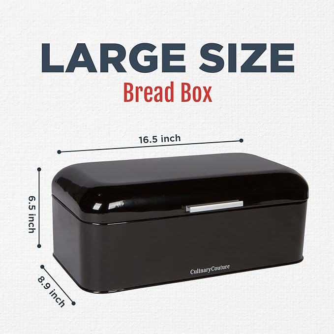 Culinary Couture Extra Large Black Bread Box for Kitchen Countertop - Holds 2 Loaves - 16.5" x 9" x 6.5" - Stainless Steel Vintage Bread Boxes for Kitchen Counters