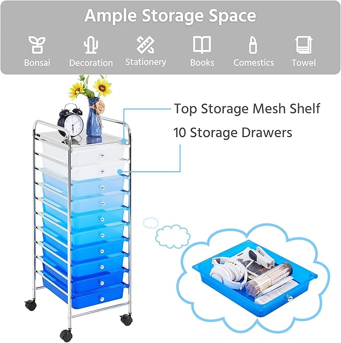 Yaheetech Rolling Cart Organizer Plastic Trolley with 10 Storage Drawers Utility Cart on Wheels Art Craft Organizer Ample Storage Space, Blue Gradient