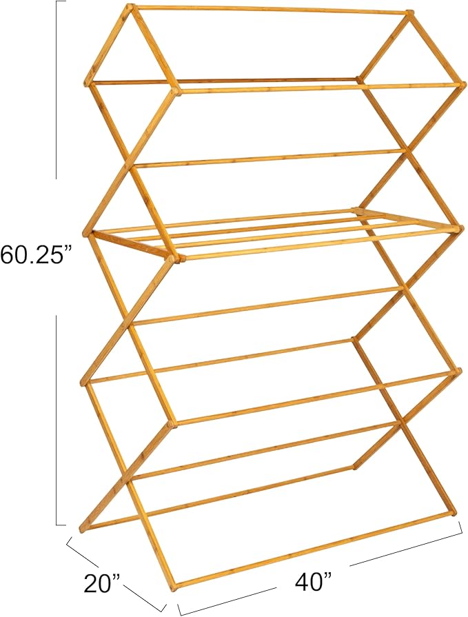 Household Essentials Bamboo Oversized Clothes Drying Folding Rack, Upscale Laundry Rack with 11 Dowels, Environmentally Friendly, Stable Frame, Shelf for Drying Flat, Natural