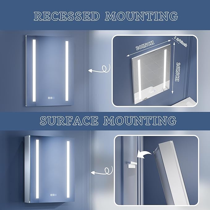 ExBrite Lighted Bathroom Medicine Cabinet, 20 x 26 Inch, Recessed or Surface led Medicine Cabinet, Defog, Stepless Dimming,Color Temper Change, 2 Outlets, Storage Shelves, Left Hinge
