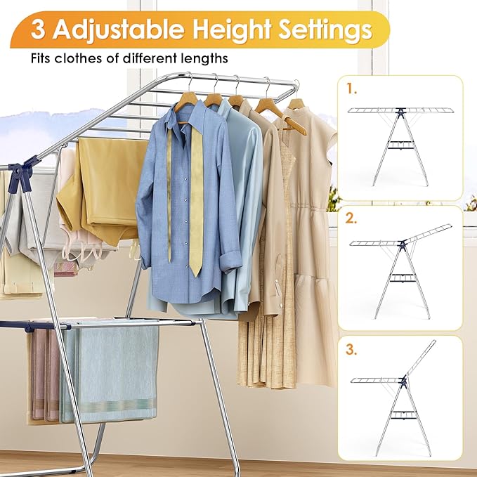KINGBOARD Clothes Drying Rack,Stainless Steel Laundry Drying Rack with Height-Adjustable, Foldable Gullwing for Easy Storage, No Assembly, Indoor Outdoor Use, 56.4" D x 21.6" W x 39.3" H, Blue