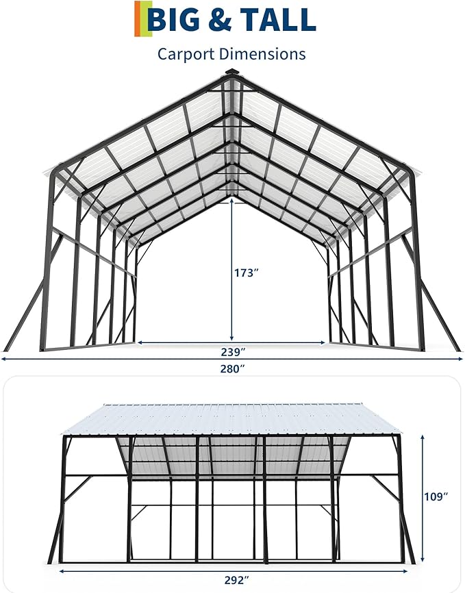 Garvee 20x25 ft Metal Carport Kit, 120° Steep-Pitch Vertical Roof for Snow Shedding, 173" High-Clearance RV & Tractor Shelter, Heavy-Duty 2 Cars Car Port with Reinforced Frame