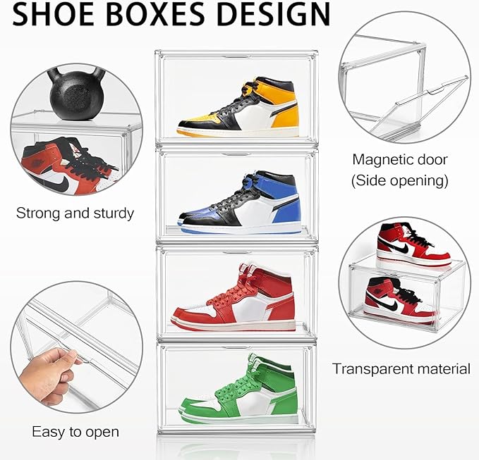 10 Pcs Clear Shoe Storage Boxes Stackable Acrylic Sneaker Shoe Display Case Size 14, Transparent Storage Bins for Boot Handbag Organizer Containers with Magnetic Lids