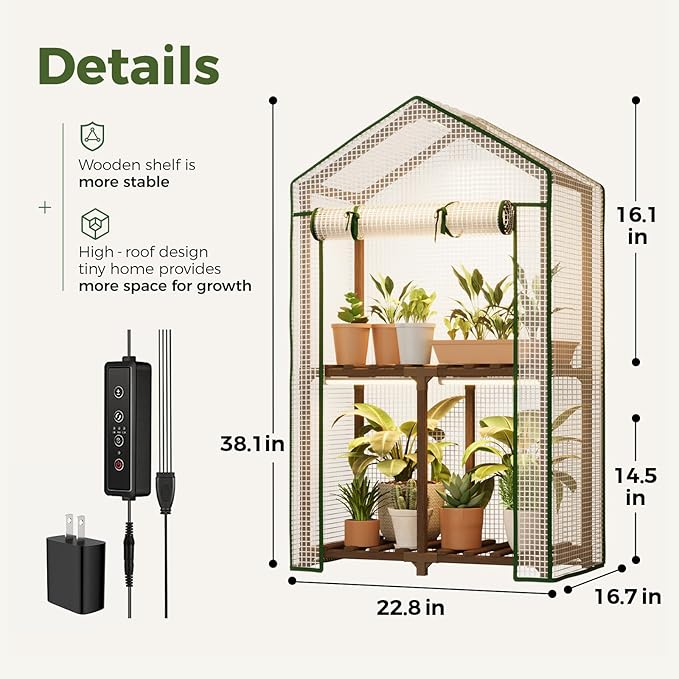Bamworld Mini Greenhouse with Grow Light Plant Stand for Mutiple Pots Outdoor 2-Tierd Reusable Portable Warm House with PE Cover Compact Patio Boho Home Decor