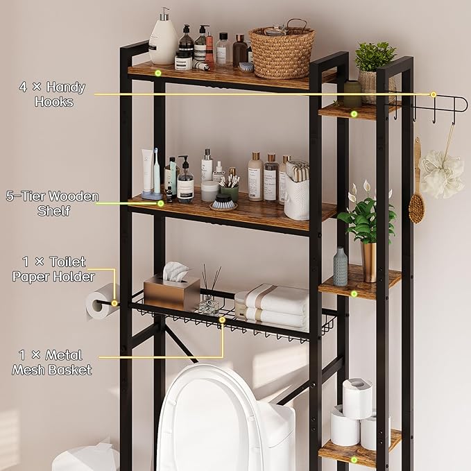 Over The Toilet Storage with Side Shelf, 7 Tier Bathroom Organizer Rack with Paper Holder, Hooks and Basket, Freestanding Above Toilet Shelf for Laundry, Quick Interlock Install (Vintage Brown)