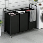 3-Bag Laundry Sorter Cart with Rolling Lockable Wheels, Removable Bags, 32.68 x 15.75 x 33.46 in, Black, Beige and Grey (Black)
