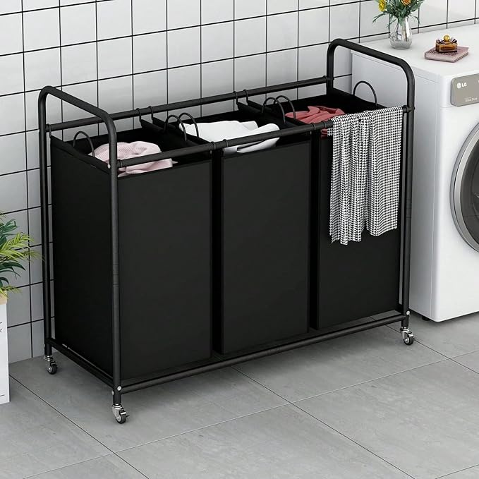3-Bag Laundry Sorter Cart with Rolling Lockable Wheels, Removable Bags, 32.68 x 15.75 x 33.46 in, Black, Beige and Grey (Black)