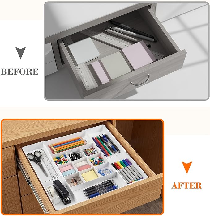 2 Pcs Large Expandable Acrylic Drawer Organizers, Grid Adjustable Drawer, Dividers Organizer for Desk, Makeup, Jewelry, Office, Kitchen Supplies (White,13 Compartments)