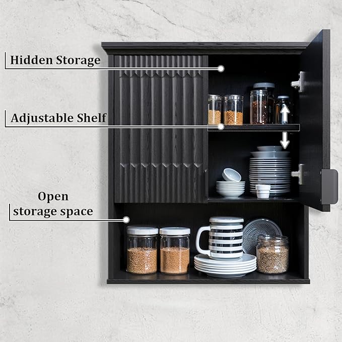 FLOWBACK BlackBathroom Wall Cabinet Over The Toilet Storage, 23.5×31.4 Inch Wall Mounted Medicine Cabinet for Bathroom with Adjustable Shelf and Door, Wood Cabinet for Laundry Room, Bedroom Kitchen