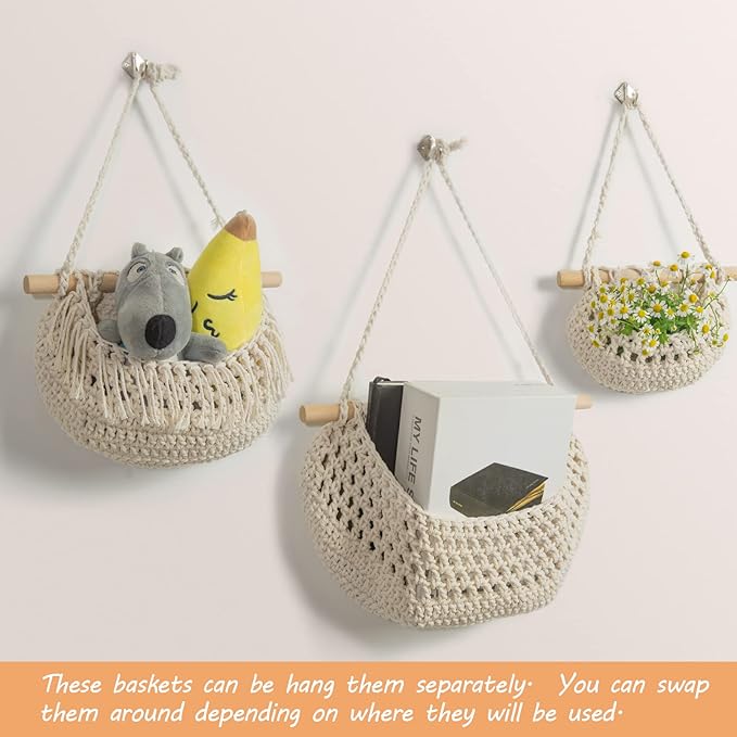 Hanging Fruit Basket,3 Tier Over the Door Organizer, Handmade Woven Cotton Rope Wall Hanging Baskets for Organizing, Boho Wall Basket Decor, Storage Baskets for Kitchen