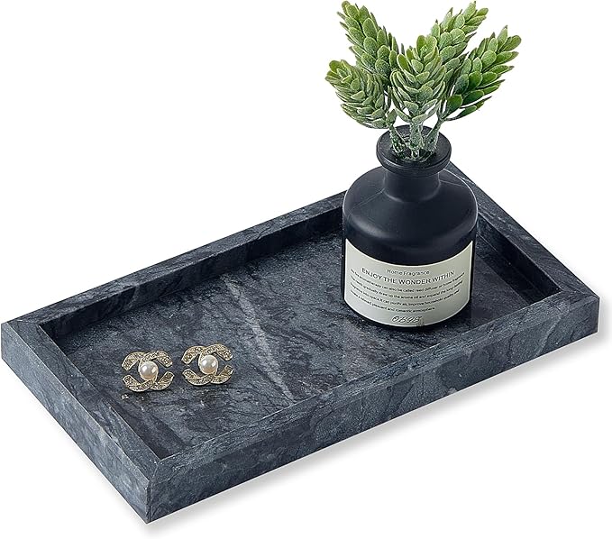 Natural Small Marble Vanity Tray, Luxury Stone Organizer for Bathroom & Kitchen | Holds Soap Dispenser, Jewelry, Perfume | Non-Resin, Non-Ceramic Décor (Black, Mini (7.9" x 4.3" x 0.78"))