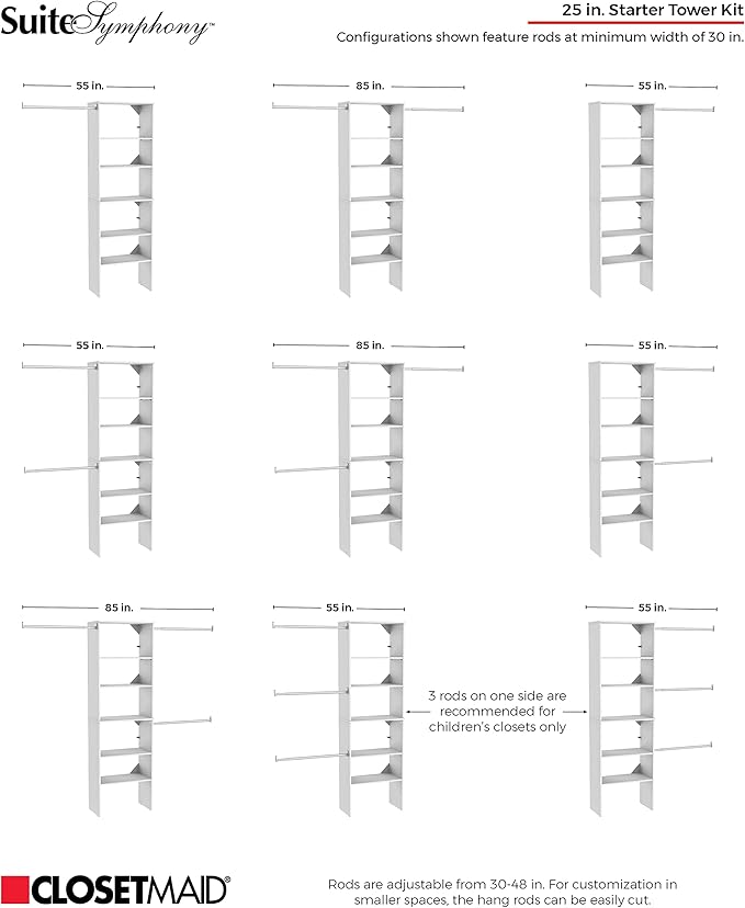 ClosetMaid SuiteSymphony Wood Closet Organizer System, 25-Inch Starter Kit with Tower and 3 Hang Rods and Shelving, Adjustable Shelves, Customizable Insert, Reach-in or Walk-in Closets, Pure White